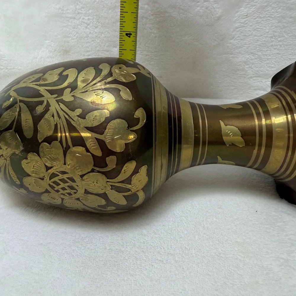 VTG Iridescent Brass Vase Etched Heron Floral Scalloped Rim Pedestal‎ 12 inch